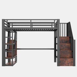 Cama alta 90x200 cm - Estrutura em ferro, escada integrada, arrumação, luz LED - Preto