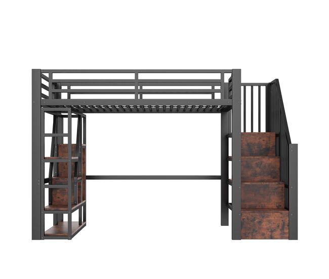 Cama alta 90x200 cm - estructura de hierro, escalera integrada, almacenamiento, luz led - negro