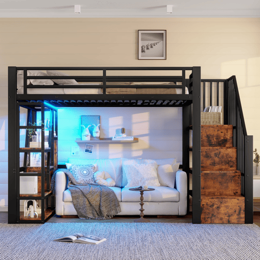 Cama alta 90x200 cm - Estrutura em ferro, escada integrada, arrumação, luz LED - Preto