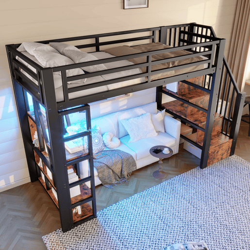 Cama alta 90x200 cm - Estrutura em ferro, escada integrada, arrumação, luz LED - Preto