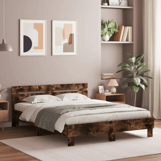 Estrutura Cama de casal simple c cabeceiraluzes LED 140x200cm carvalho fumado