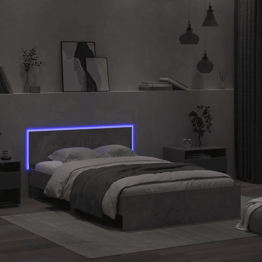 Estrutura de cama de casal cabeceira e luzes LED - 140x200cm cinzento cimento Estrutura de cama de casal cabeceira e luzes LED - 140x200cm cinzento cimento