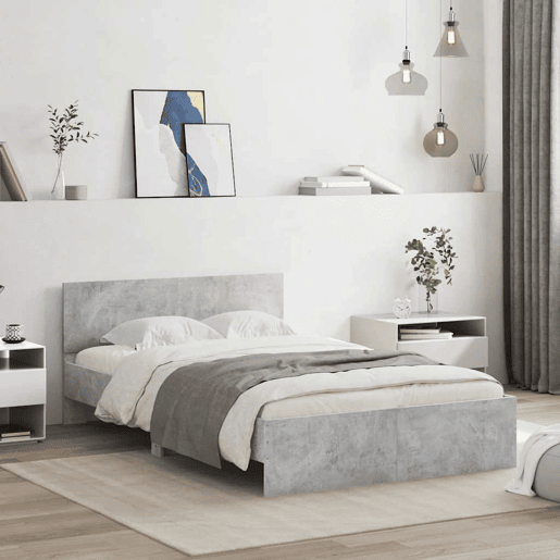 Estrutura de cama de casal cabeceira e luzes LED - 140x200cm cinzento cimento Estrutura de cama de casal cabeceira e luzes LED - 140x200cm cinzento cimento