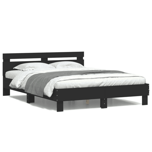 Estrutura de Cama de casal para adultos com cabeceira e luzes LED 140x200 cm preto
