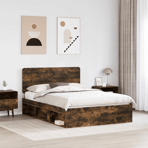 Estrutura de cama de casal com cabeceira - Carvalho Defumado 140 x 200 cm