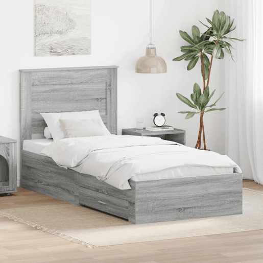 Estrutura de cama de solteiro para adultos com gaveta Cinza Sonoma e Prata 75 x 190 cm