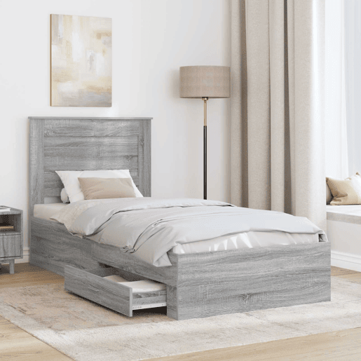 Estrutura de cama de solteiro para adultos com gaveta Cinza Sonoma e Prata 75 x 190 cm