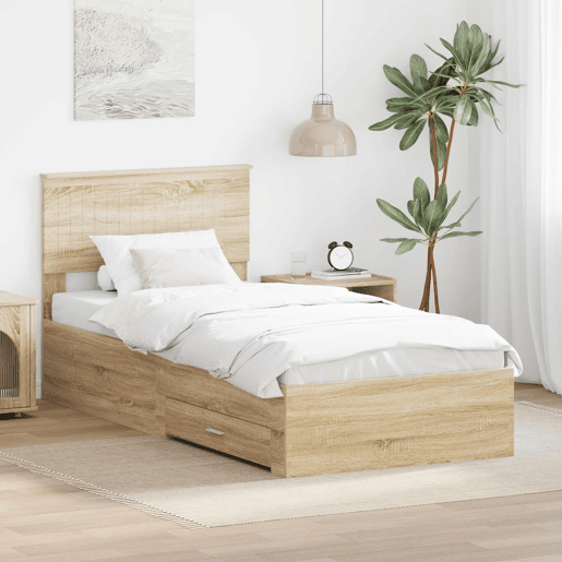 Estrutura de cama de solteiro moderno com cabeceira - Carvalho Sonoma 90 x 200 cm
