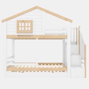 Litera 90x200 cm - grade, cama extra removível, escada com arrumação, janela, prateleira em forma de casa - branco e natural