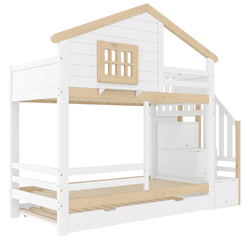 Litera 90x200 cm - grade, cama extra removível, escada com arrumação, janela, prateleira em forma de casa - branco e natural