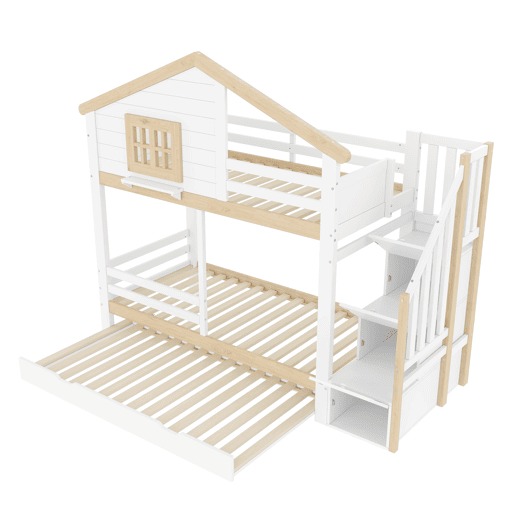 Litera 90x200 cm - grade, cama extra removível, escada com arrumação, janela, prateleira em forma de casa - branco e natural