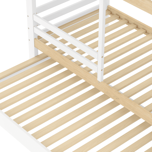 Litera 90x200 cm - grade, cama extra removível, escada com arrumação, janela, prateleira em forma de casa - branco e natural
