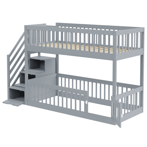 Beliches 90x200 - com escada de segurança e gavetas, cama individual com arrumação - cinzento