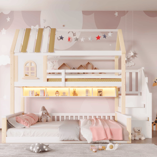 Beliche 90x200cm+140x200cm - Com LED, Design de casa com janela, Prateleiras abertas, Escada de armazenamento, Sem colchão - Branco+Natural