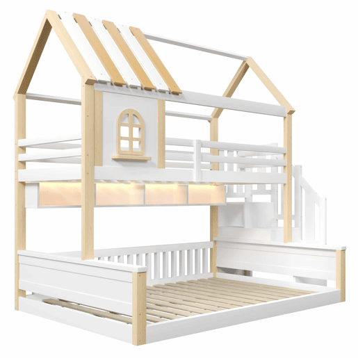 Beliche 90x200cm+140x200cm - Com LED, Design de casa com janela, Prateleiras abertas, Escada de armazenamento, Sem colchão - Branco+Natural