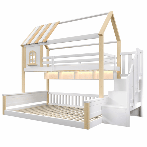 Beliche 90x200cm+140x200cm - Com LED, Design de casa com janela, Prateleiras abertas, Escada de armazenamento, Sem colchão - Branco+Natural