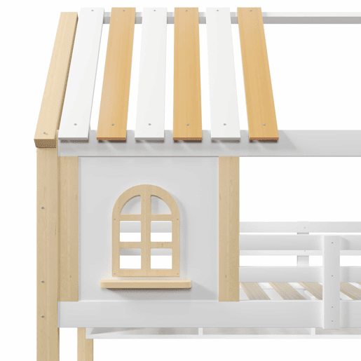 Beliche 90x200cm+140x200cm - Com LED, Design de casa com janela, Prateleiras abertas, Escada de armazenamento, Sem colchão - Branco+Natural