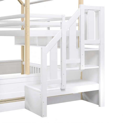 Beliche 90x200cm+140x200cm - Com LED, Design de casa com janela, Prateleiras abertas, Escada de armazenamento, Sem colchão - Branco+Natural