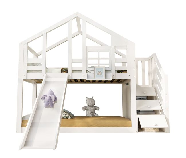 Cama infantil 90x200 cm - tipo casita con tobogán y barandilla de seguridad - blanco