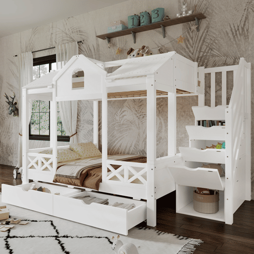 Beliche infantil 90x200 e 140x200 - com gavetas e escada com arrumação - branco