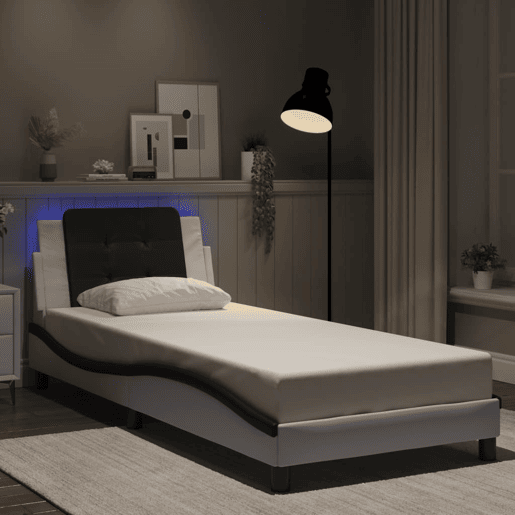 Estrutura de cama de solteiro para adultos com LED Zadar 90x200cm brancopreto
