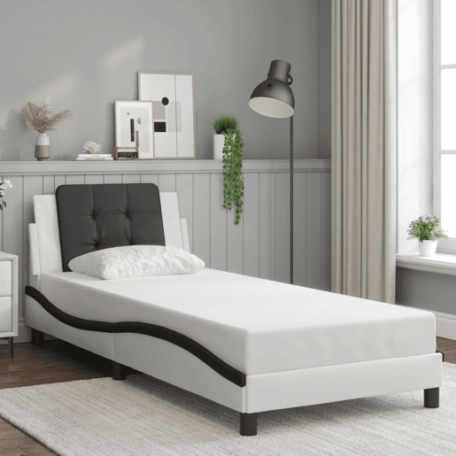 Estrutura de cama de solteiro para adultos com LED Zadar 90x200cm brancopreto