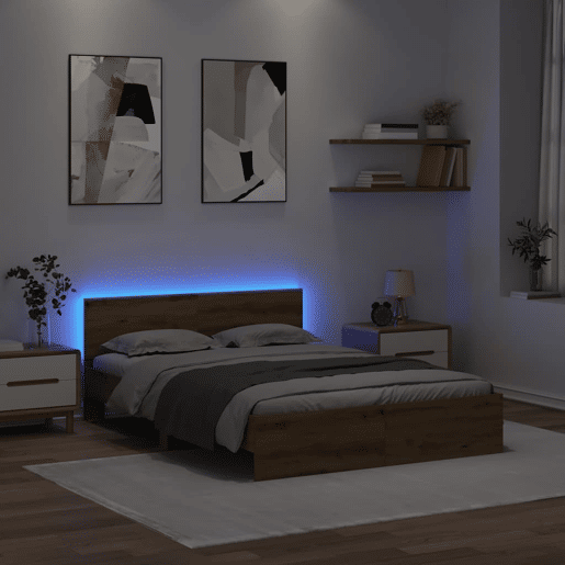 Estrutura de cama de casal moderno com cabeceira - Carvalho Artesanal 140 x 200 cm