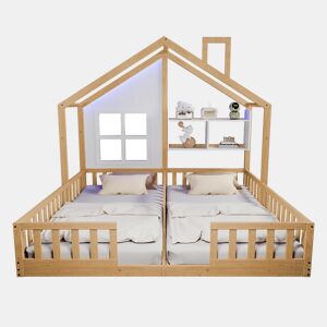 Cama infantil 90x200 - Design de casa com janelas e lareira, LED, grade e prateleiras - Madeira natural