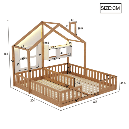 Cama infantil 90x200 - Design de casa com janelas e lareira, LED, grade e prateleiras - Madeira natural