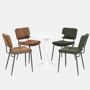 Mesa de Jantar Redonda Branca com 4 Cadeiras Castanho e Verde Estilo Industrial Pés de Metal Preto