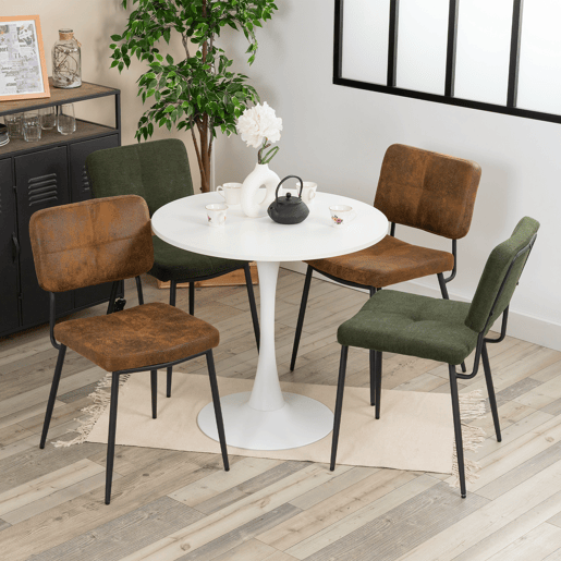 Mesa de Jantar Redonda Branca com 4 Cadeiras Castanho e Verde Estilo Industrial Pés de Metal Preto