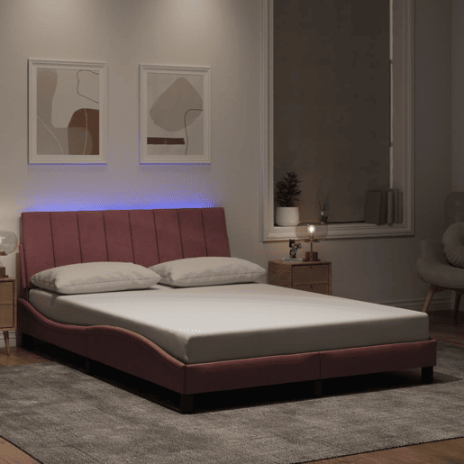 Estrutura de cama de casal moderno com LED - 140x190 cm veludo rosa