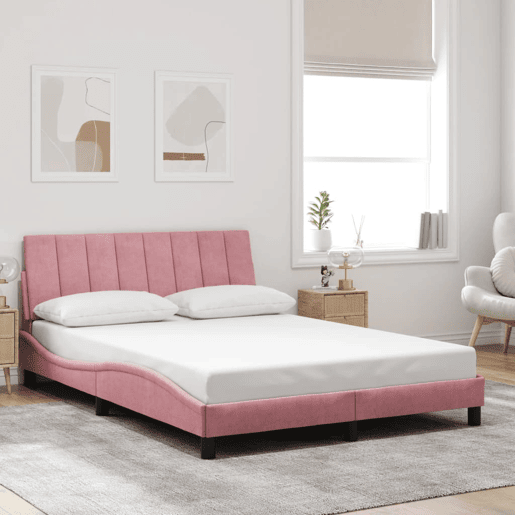 Estrutura de cama de casal moderno com LED - 140x190 cm veludo rosa
