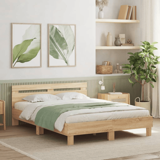 Estrutura Cama de casal simple c cabeceiraluzes LED 140x200cm carvalho sonoma