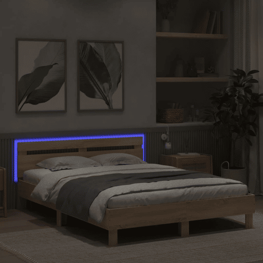 Estrutura Cama de casal simple c cabeceiraluzes LED 140x200cm carvalho sonoma