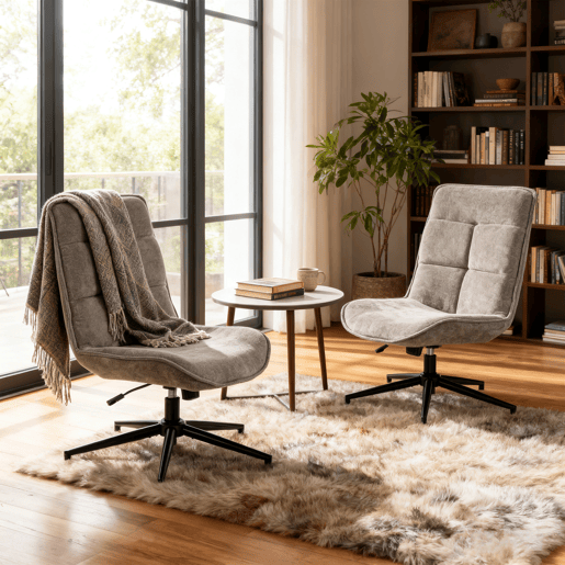 Conjunto 2 Cadeiras De Relax Giratória Estofada Em Tecido Cinza Altura Regulável 89-95 Cm Assento Largo Com Enchimento Acolchoado Estilo Moderno Base Metálica Resistente Até 120 Kg Ideal Para Sala Quarto Escritório
