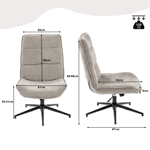Conjunto 2 Cadeiras De Relax Giratória Estofada Em Tecido Cinza Altura Regulável 89-95 Cm Assento Largo Com Enchimento Acolchoado Estilo Moderno Base Metálica Resistente Até 120 Kg Ideal Para Sala Quarto Escritório