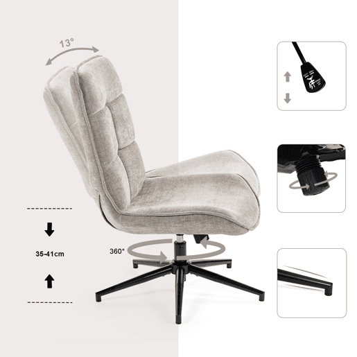 Conjunto 2 Cadeiras De Relax Giratória Estofada Em Tecido Cinza Altura Regulável 89-95 Cm Assento Largo Com Enchimento Acolchoado Estilo Moderno Base Metálica Resistente Até 120 Kg Ideal Para Sala Quarto Escritório