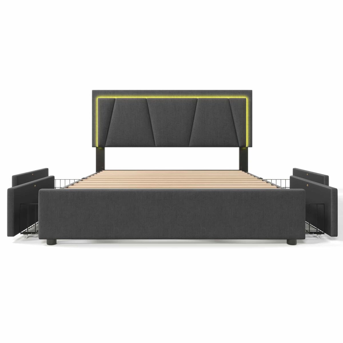 Cama tapizada 160x200 cm - 4 cajones, cabecero ajustable, led, somier de madera - gris