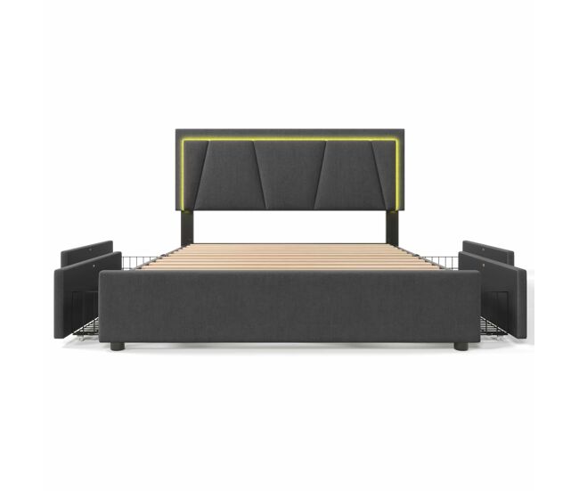 Cama tapizada 160x200 cm - 4 cajones, cabecero ajustable, led, somier de madera - gris