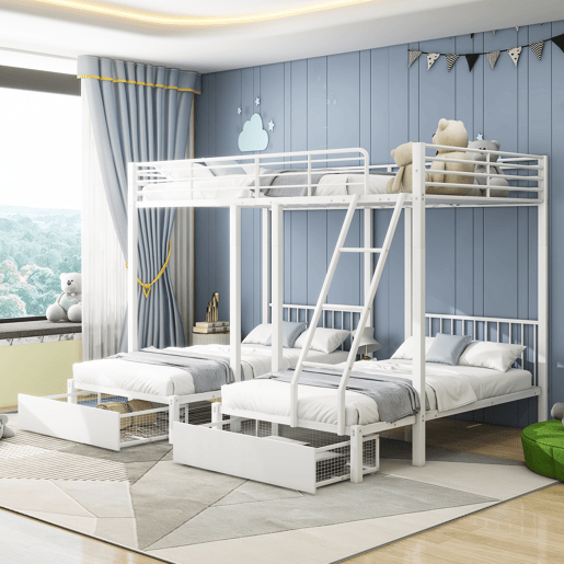 Beliche para 3 crianças com 2 gavetas - 140x200cm e 2x90x200cm - estrutura do colchão - Branco (colchão não incluído)
