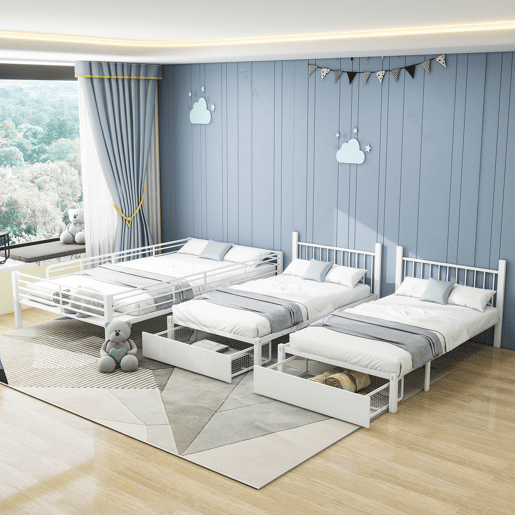 Beliche para 3 crianças com 2 gavetas - 140x200cm e 2x90x200cm - estrutura do colchão - Branco (colchão não incluído)