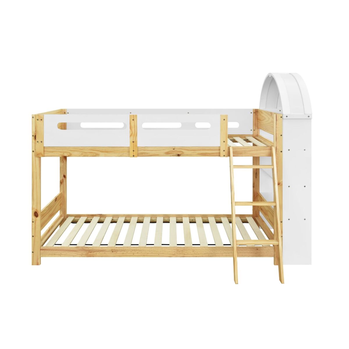 Cama litera infantil 90x200 cm - estantería 3 niveles, barandilla, escalera - blanco/natural