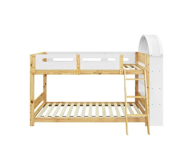 Cama litera infantil 90x200 cm - estantería 3 niveles, barandilla, escalera - blanco/natural
