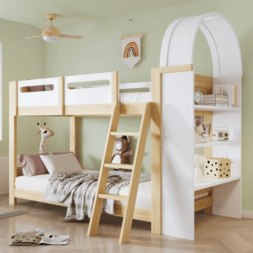 Beliche infantil 90x200 cm - estante com 3 níveis, grade de proteção, escada - branconatural