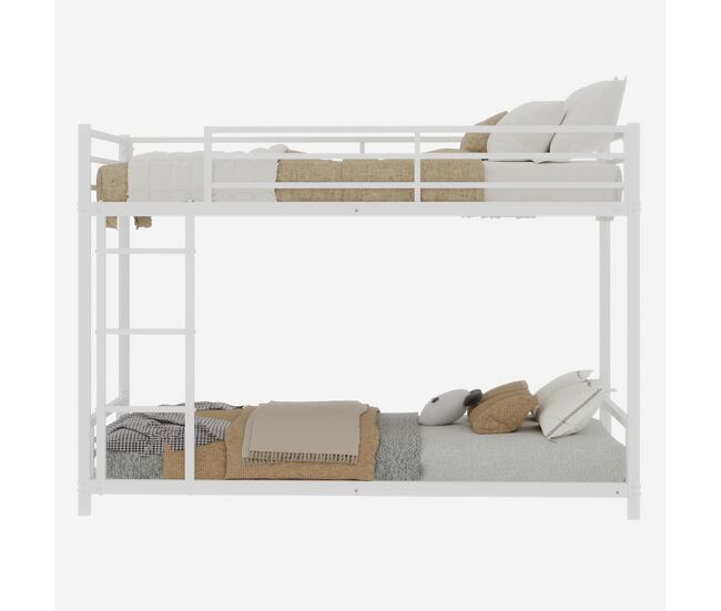 Cama litera metálica 2 plazas - resistente, silenciosa, con barandilla de seguridad - blanco