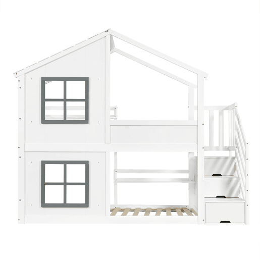 Beliche 90x200 cm - com janela e teto, escada com armário, madeira resistente - Branco+cinza Beliche 90x200 cm - com janela e teto, escada com armário, madeira resistente - Branco+cinza