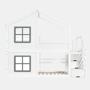 Beliche 90x200 cm - com janela e teto, escada com armário, madeira resistente - Branco+cinza