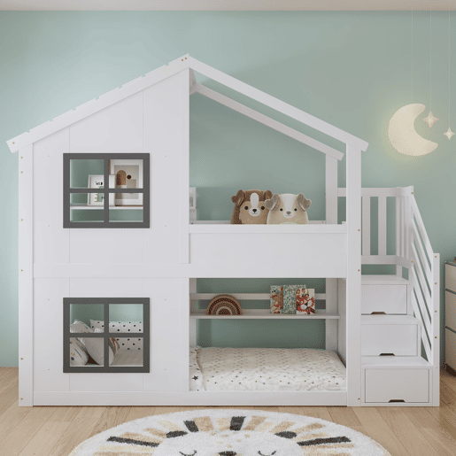 Beliche 90x200 cm - com janela e teto, escada com armário, madeira resistente - Branco+cinza Beliche 90x200 cm - com janela e teto, escada com armário, madeira resistente - Branco+cinza