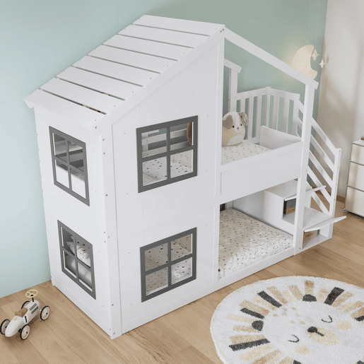 Beliche 90x200 cm - com janela e teto, escada com armário, madeira resistente - Branco+cinza Beliche 90x200 cm - com janela e teto, escada com armário, madeira resistente - Branco+cinza
